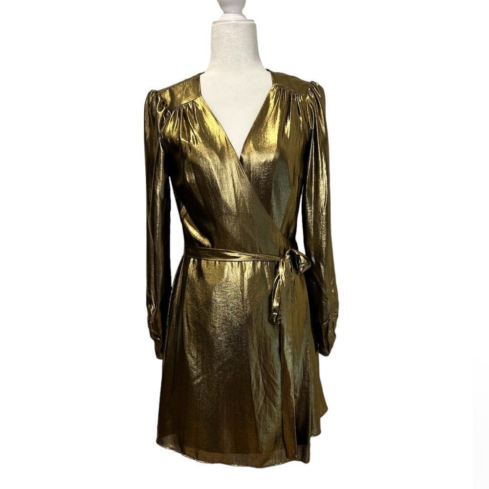 GIANNI BINI Noa Lame Gold Wrap Dress Size Small
